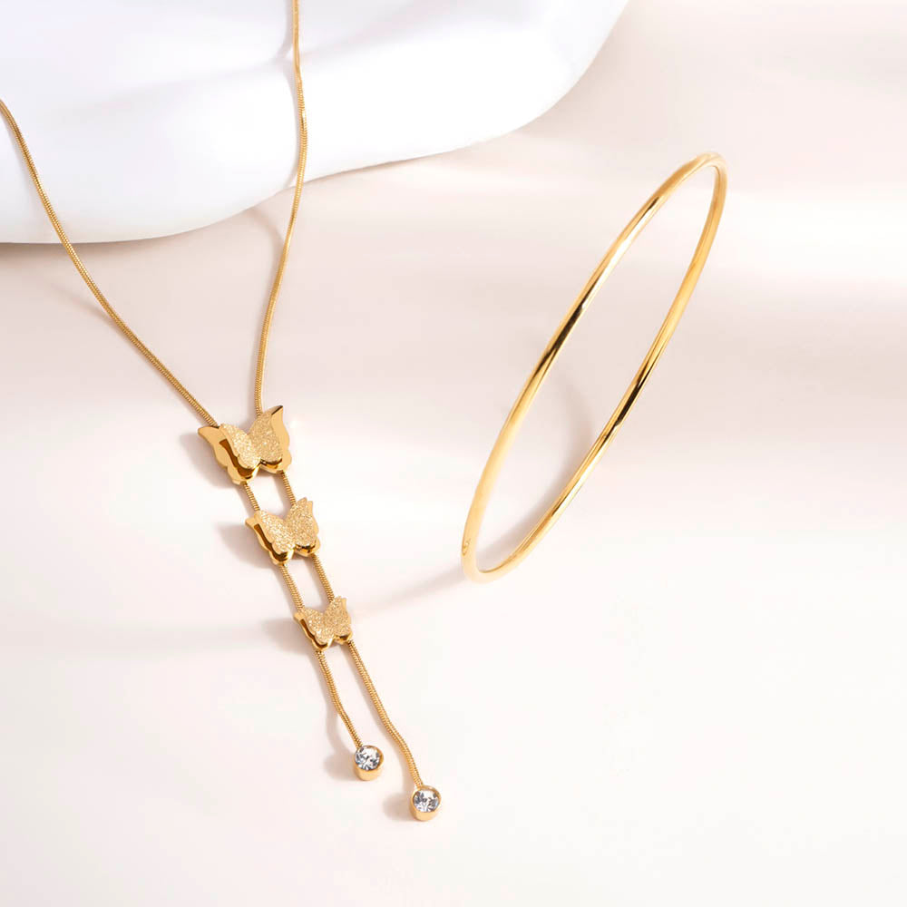 Butterfly Long Chain Necklace & Round Wire Bangle Bracelet Combo Set