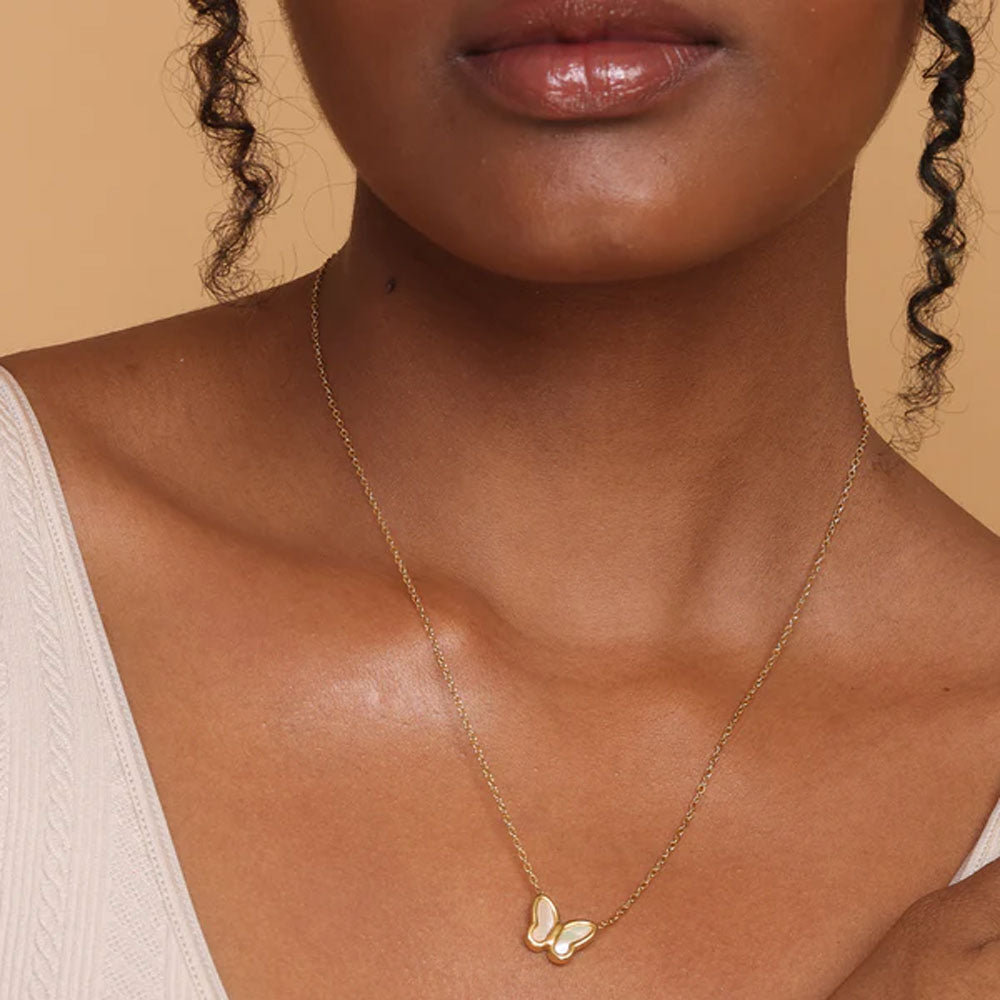 Little Butterfly Necklace & Dainty Black Stone Chain Ring Gift set