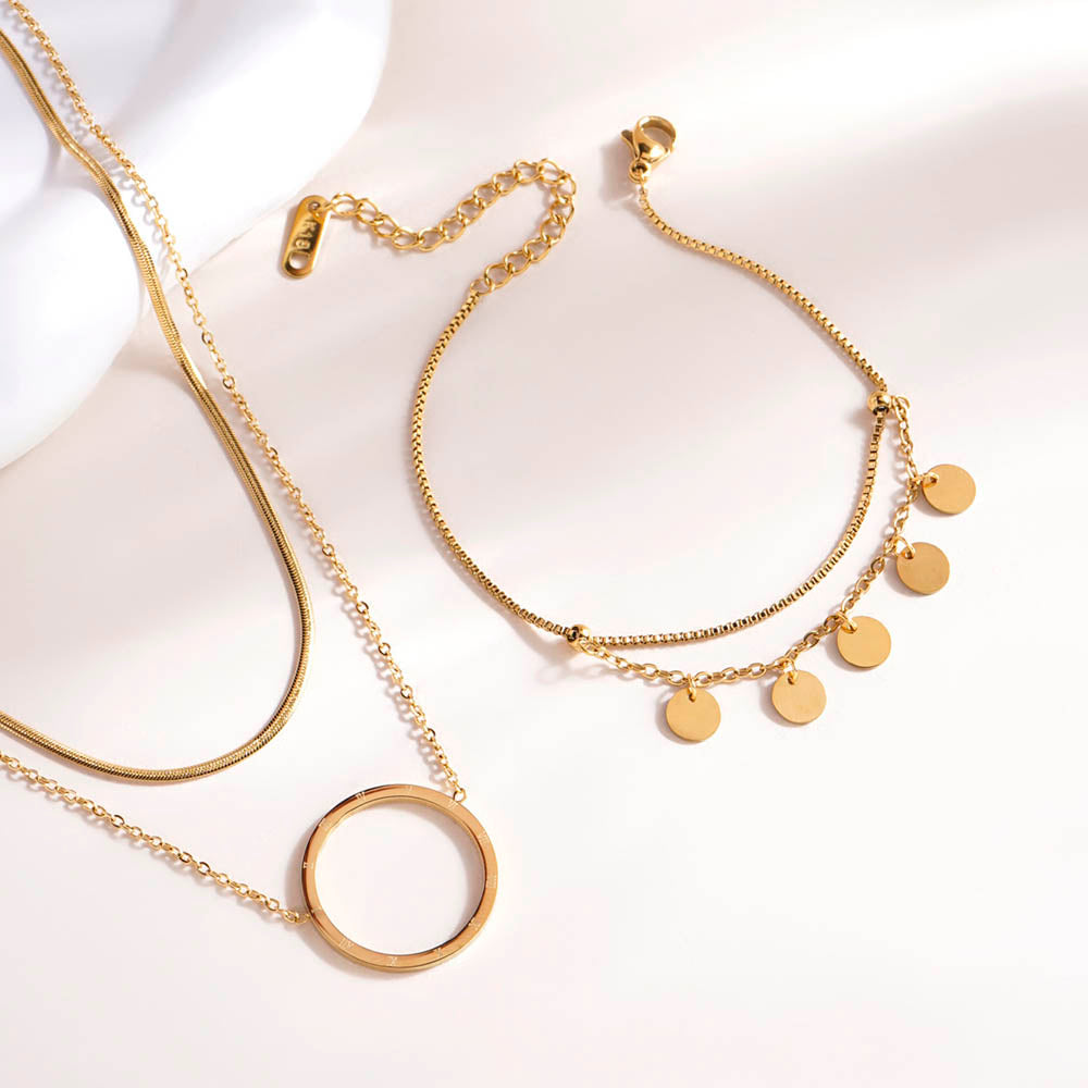 Circle Ring Double Layer Necklace & Tiny Plates Bracelet Combo Set