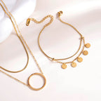 Circle Ring Double Layer Necklace & Tiny Plates Bracelet Combo Set