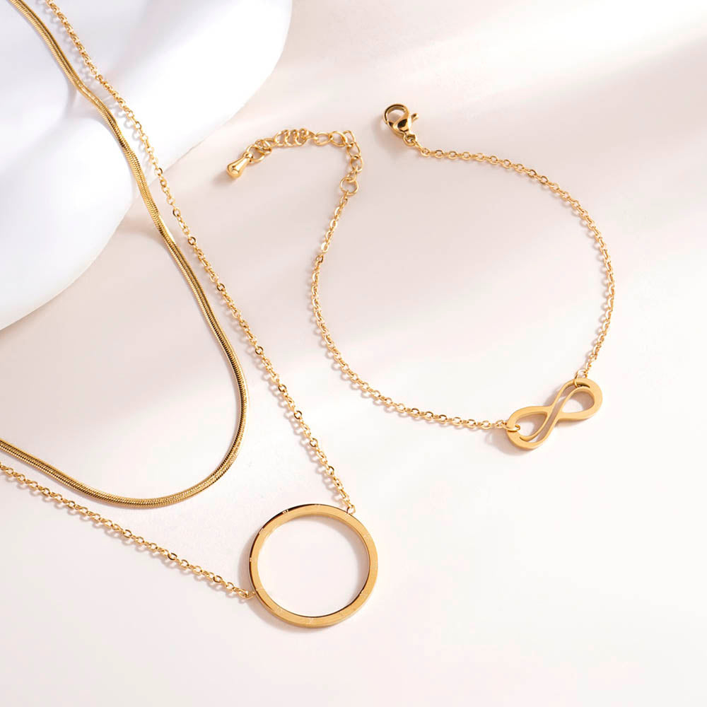 Circle Ring Double Layer Necklace & Infinity Charm Bracelet Combo Set