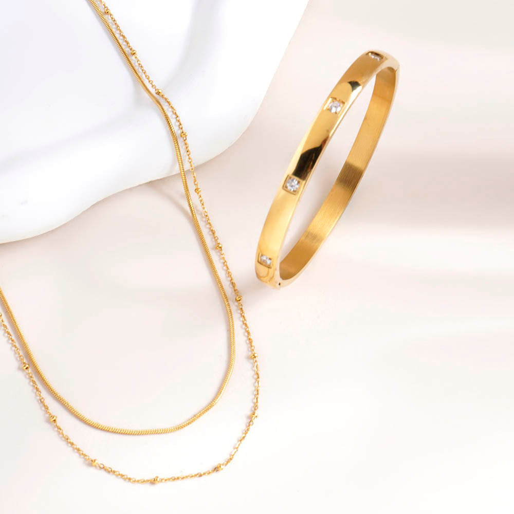 Double layer choker necklace & Dazzling Stone Bangle Bracelet Combo Set