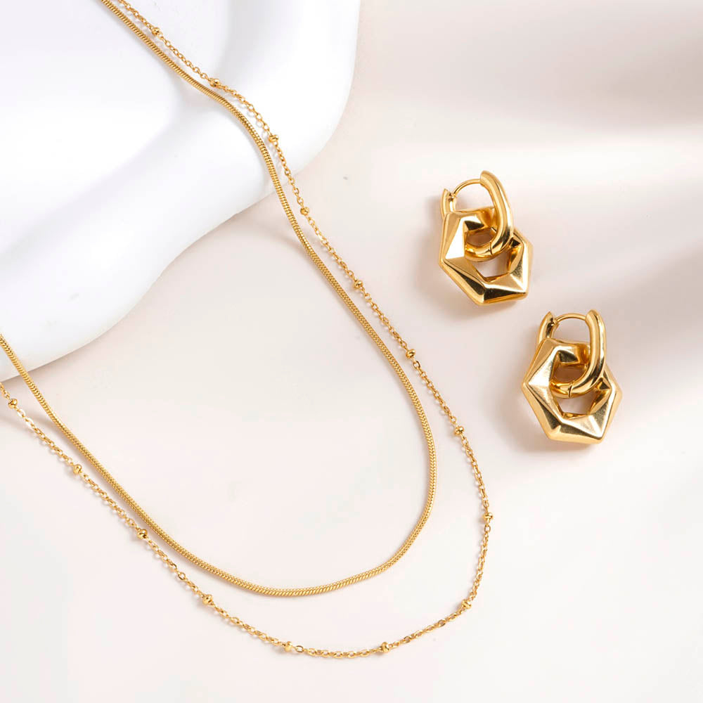 Double layer choker necklace & Golden Hexagon Earrings Combo Set