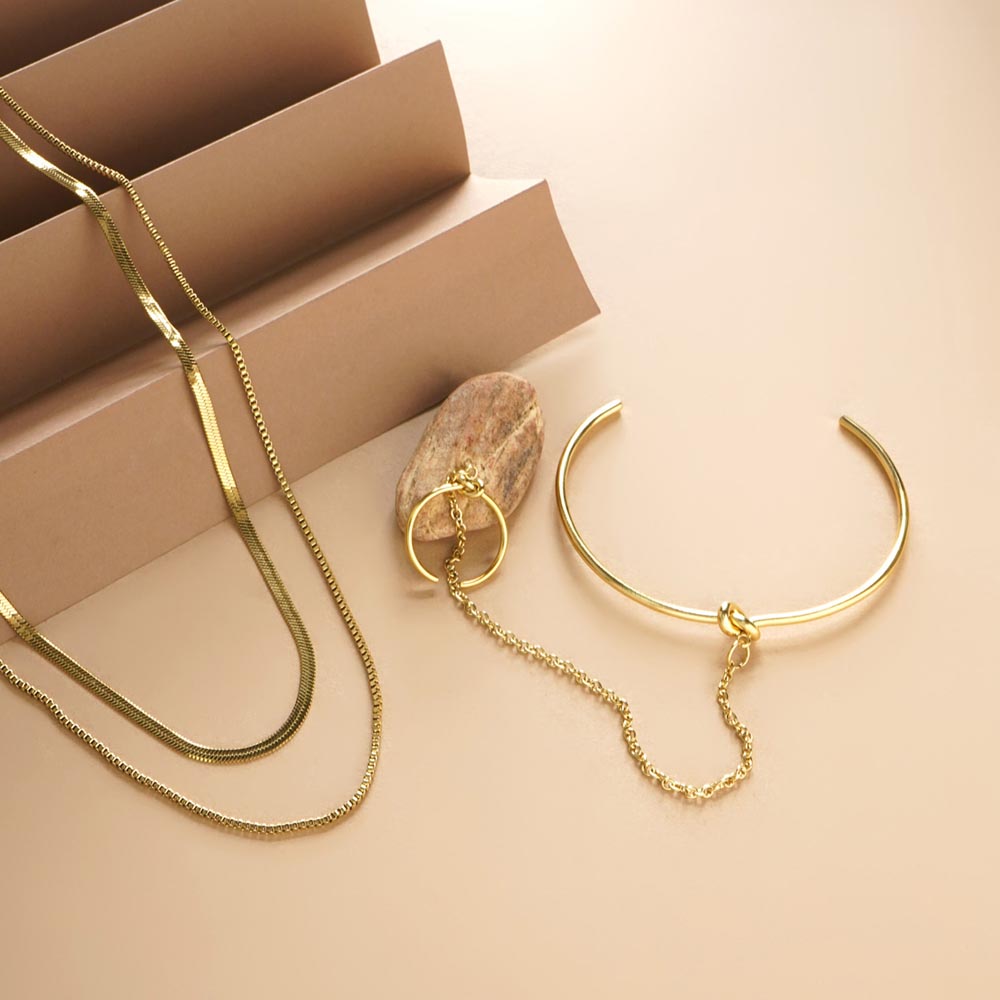 Double Chain Delight Necklace & Cuff Bracelet With Ring Combo Set