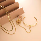 Double Chain Delight Necklace & Cuff Bracelet With Ring Combo Set