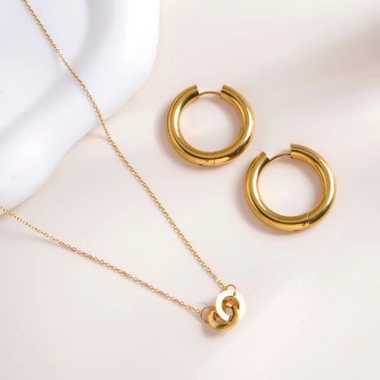 Linked Circles Harmony Necklace & Classic Round Hoop Earrings Combo Set
