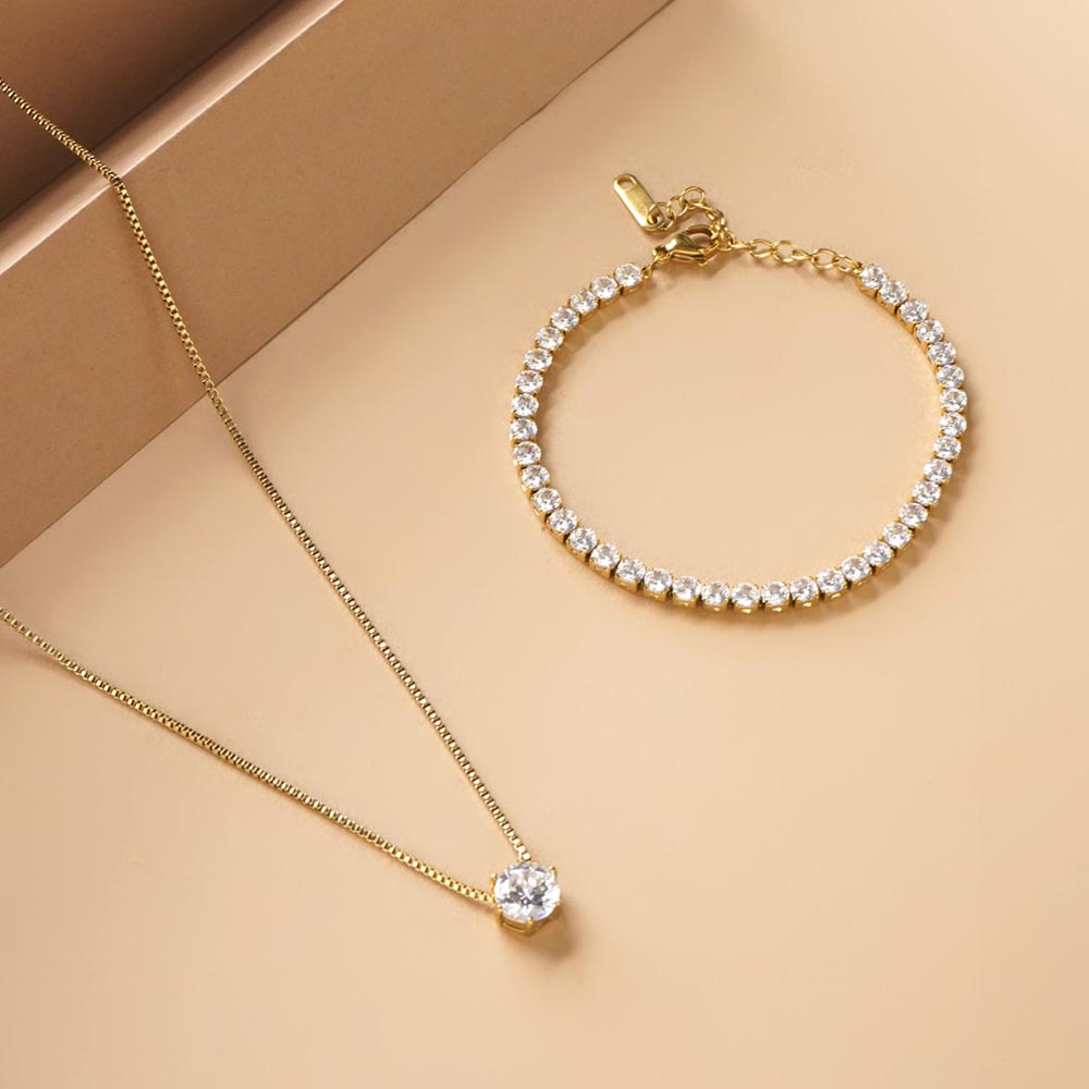 Diamond Affair Bracelet & Round Solitaire Necklace Jewellery Set