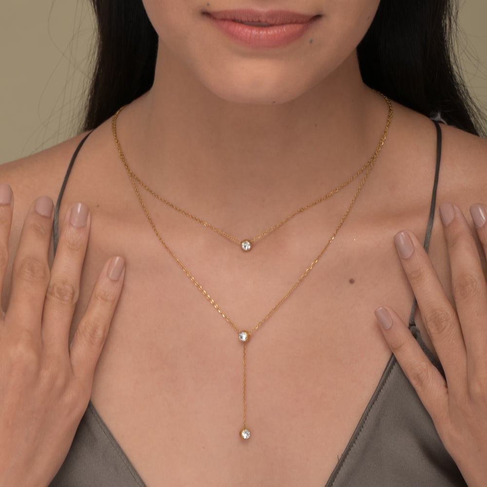 Athena Solitaire Hoop Earrings & Two Layered Solitaire Drop Necklace Combo Set