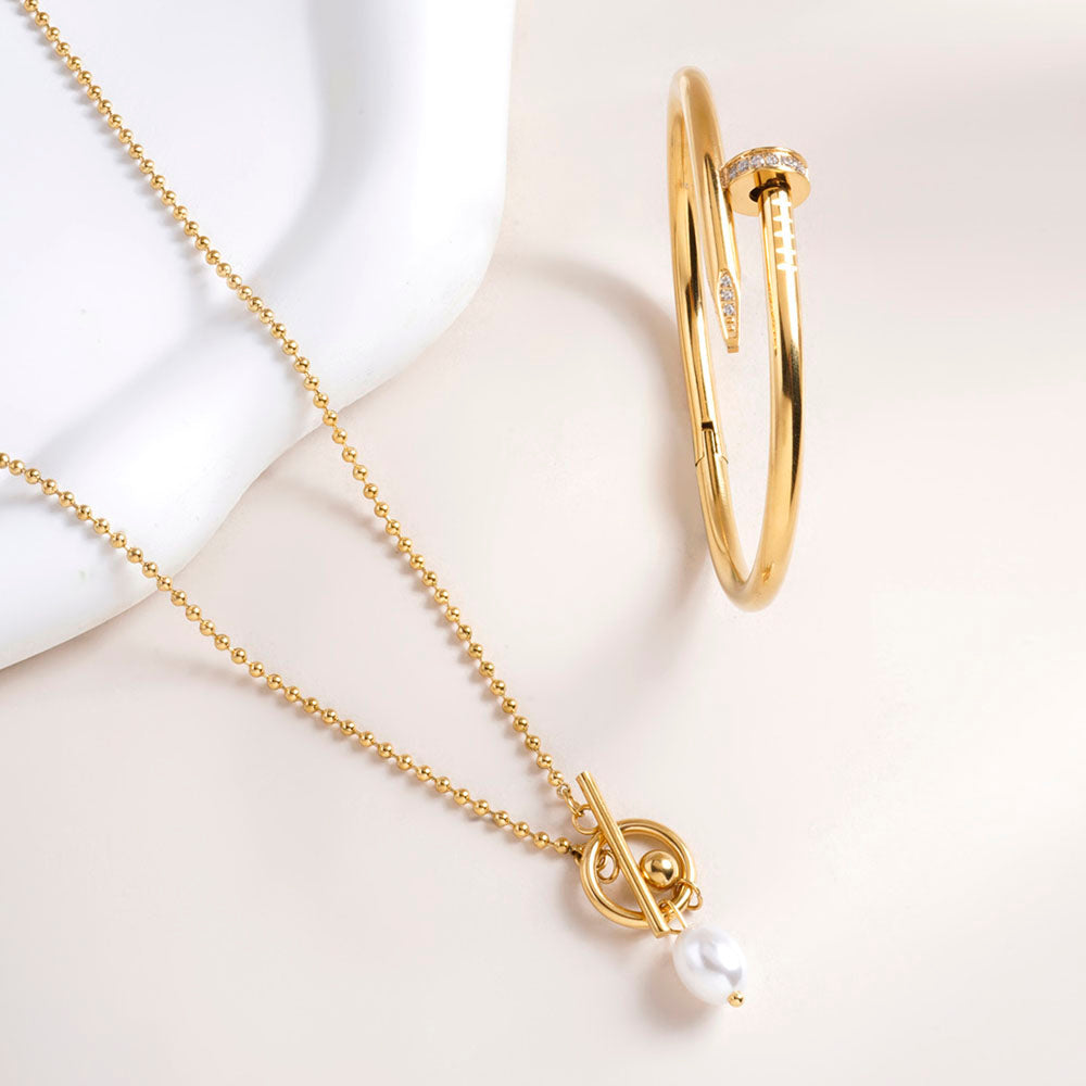 Dainty Beaded Pearl Chain & Nail Bangle Bracelet Combo Set