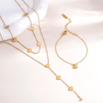 Two-Layered Heart Charm Necklace & Cute Heart Bracelet Combo Set