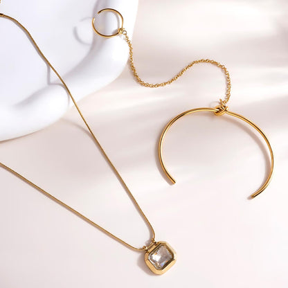 Octagon Diamond Necklace & Cuff Bracelet With Ring Combo Set