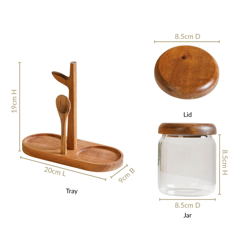 Acacia Wood Glass Jars And Spoon With Leaf Stand
