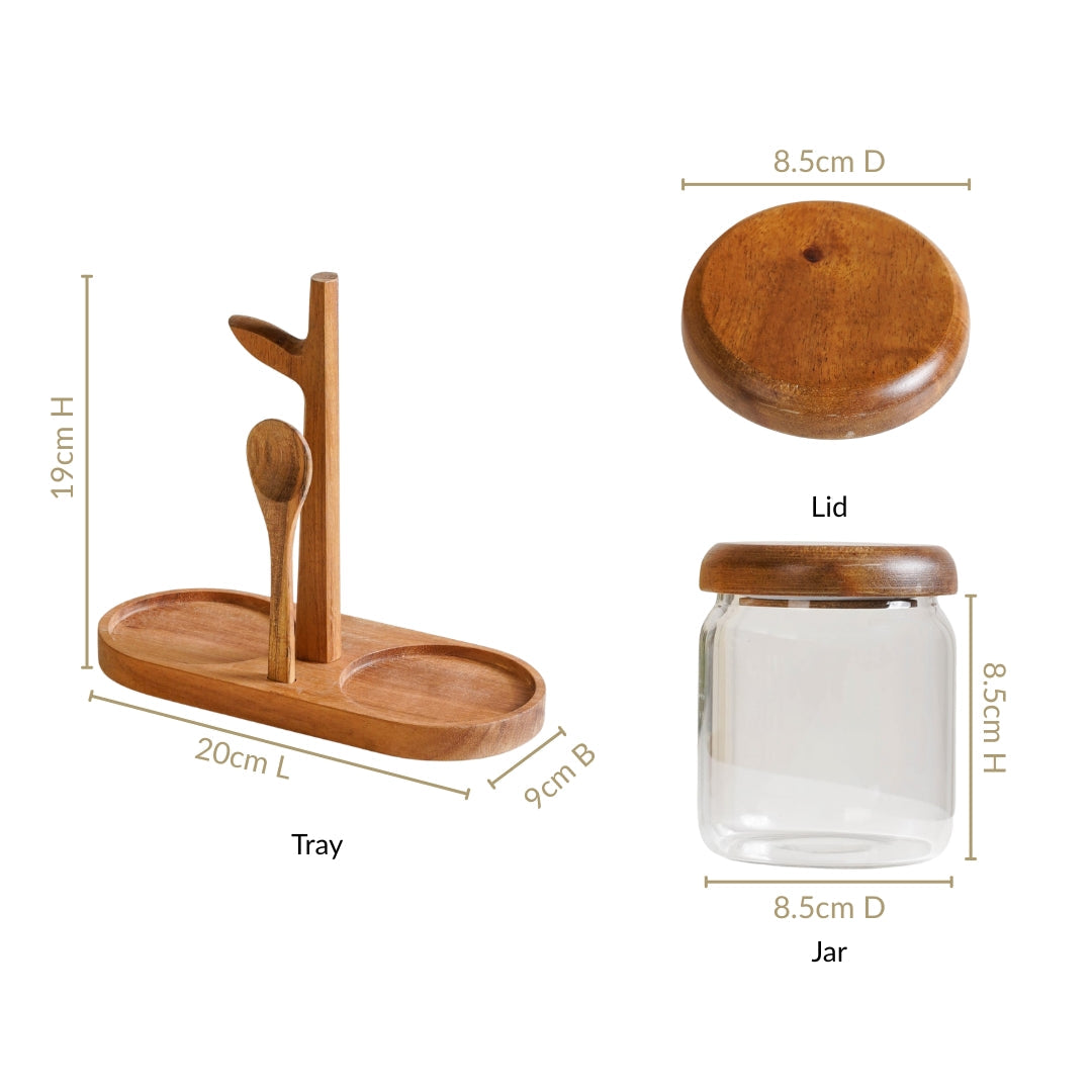 Acacia Wood Glass Jars And Spoon With Leaf Stand