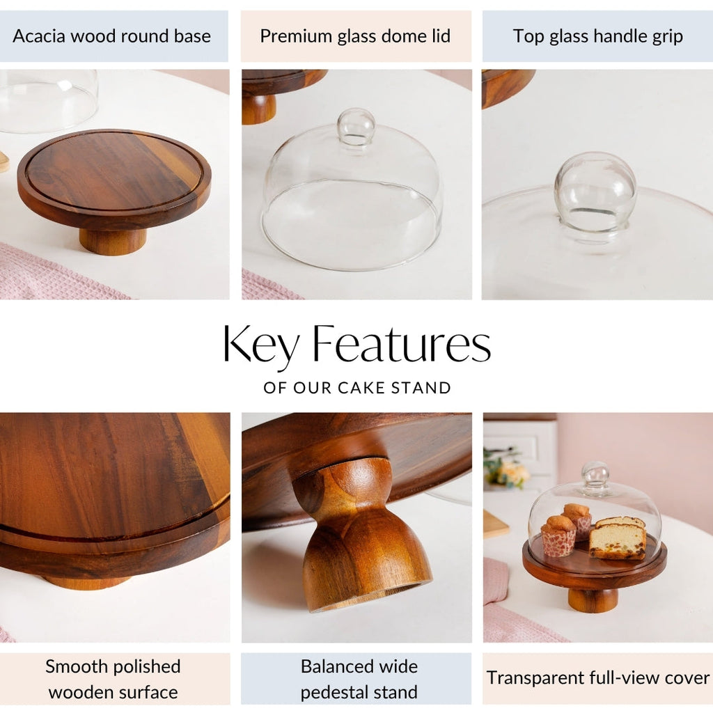 Pedestal Acacia Wood Cake Stand With Cloche 22cm