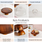 Pedestal Acacia Wood Cake Stand With Cloche 22cm