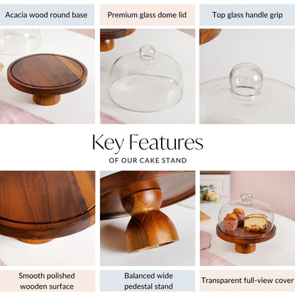 Pedestal Acacia Wood Cake Stand With Cloche 22cm