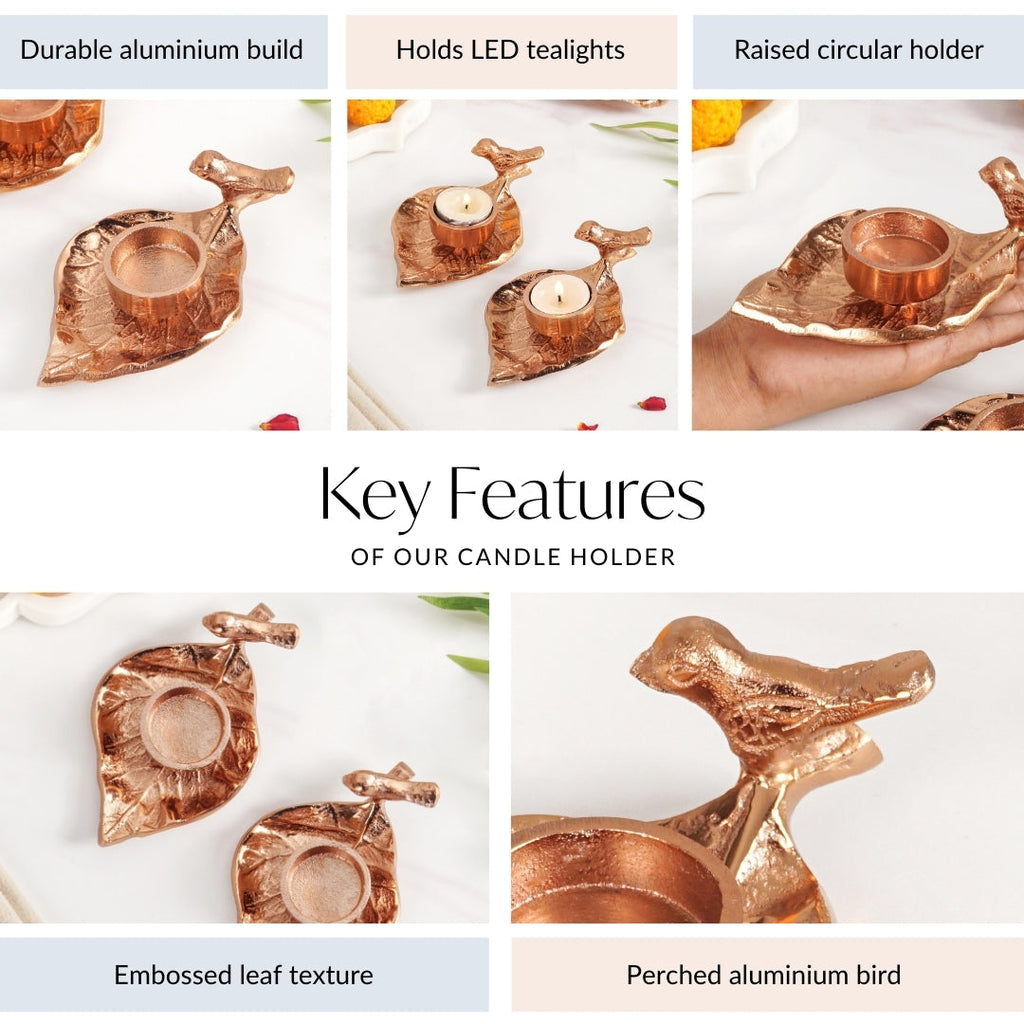 NestGlow Bird Leaf Tealight Candle Holder Set Of 2 Rose Gold