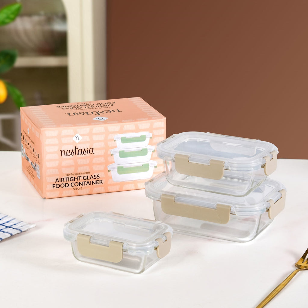 Nestro Microwave Safe Airtight Storage Box Set Of 3 Beige