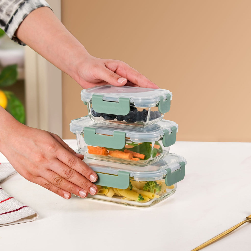 Nestro Microwave Safe Airtight Storage Box Set Of 3 Green