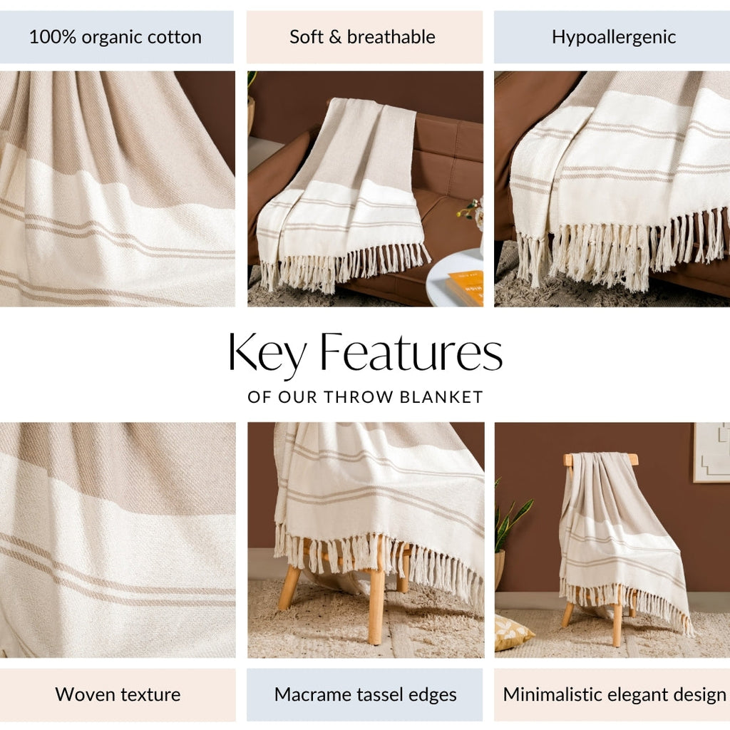 Neutral Greige Cotton Throw With Tassels