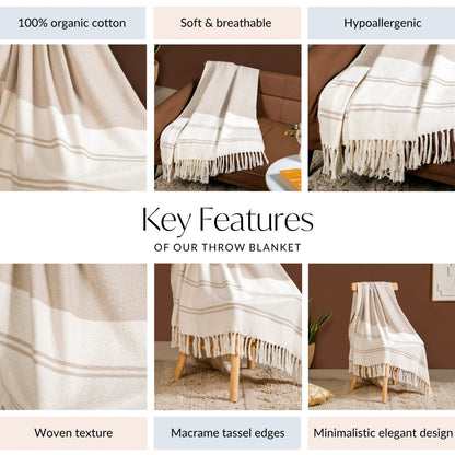 Neutral Greige Cotton Throw With Tassels