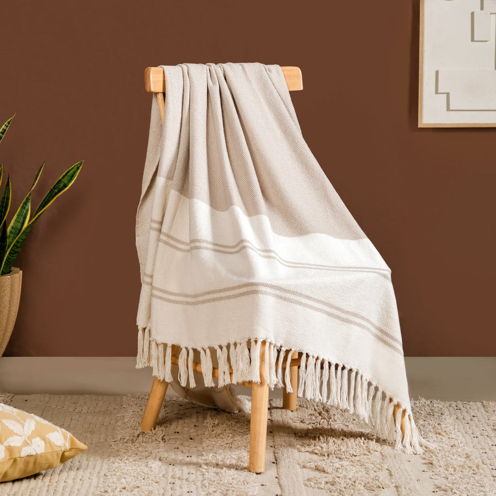 Neutral Greige Cotton Throw With Tassels