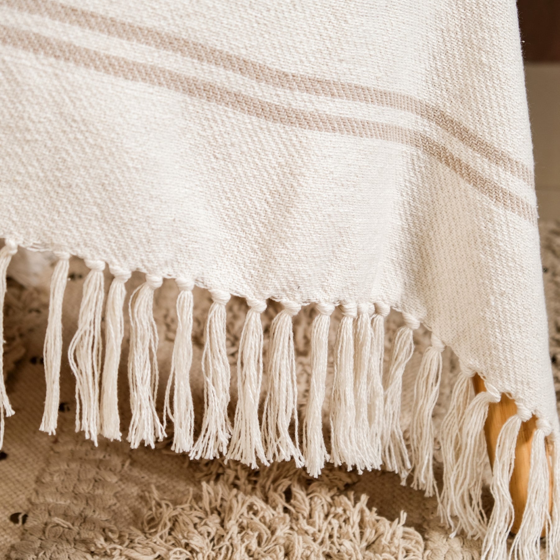 Neutral Greige Cotton Throw With Tassels