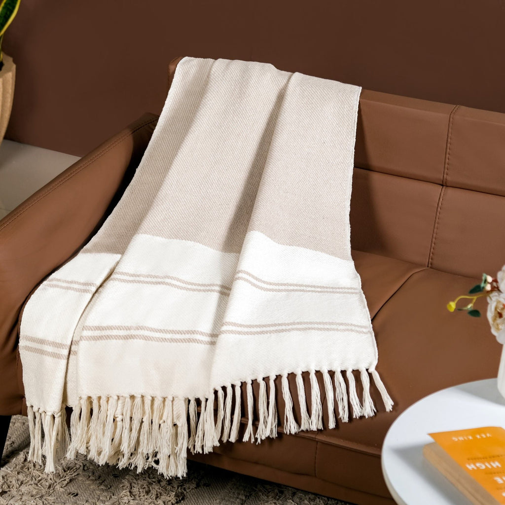 Neutral Greige Cotton Throw With Tassels