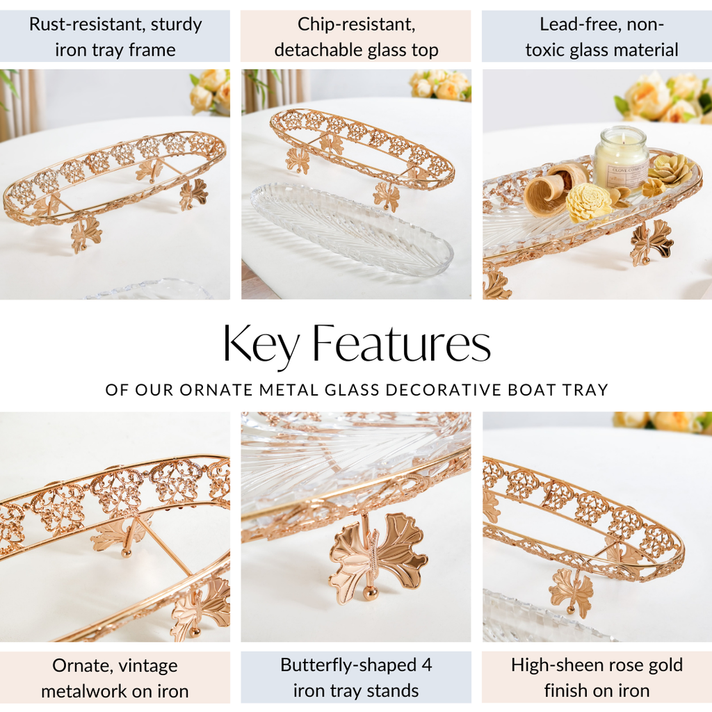 Ornate Metal Glass Decorative Boat Tray