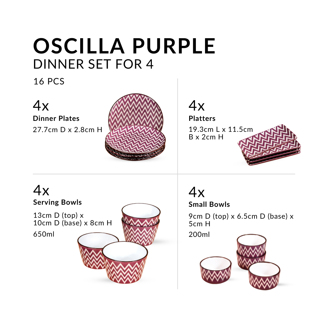 Oscilla Purple 16 Piece Premium Dinner Set For 4