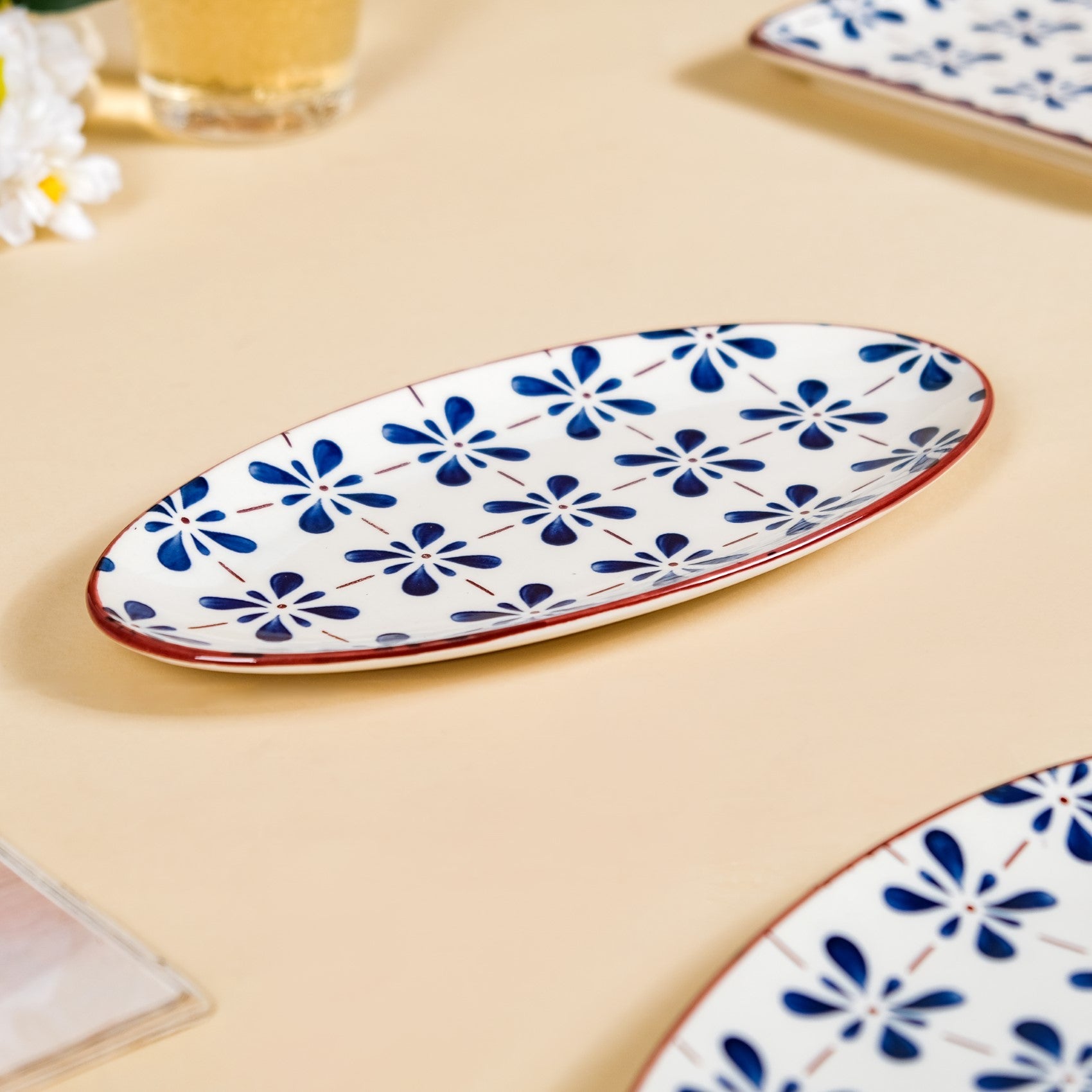 Blue Flower Oval Serving Platters Set Of 2 9 Inch