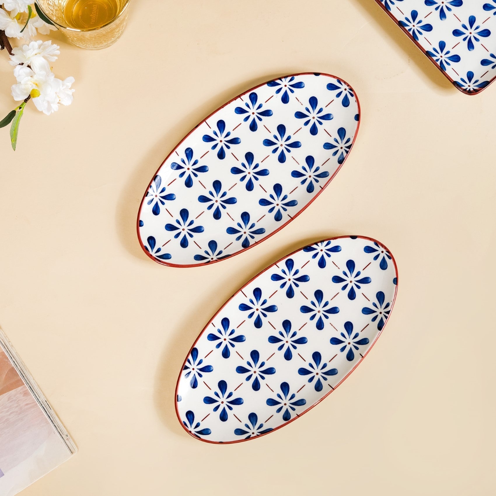 Blue Flower Oval Serving Platters Set Of 2 9 Inch