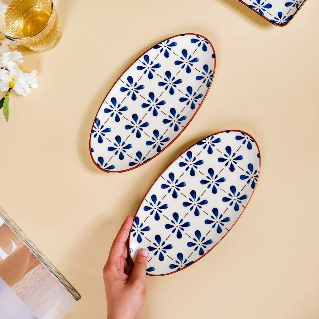 Blue Flower Oval Serving Platters Set Of 2 9 Inch