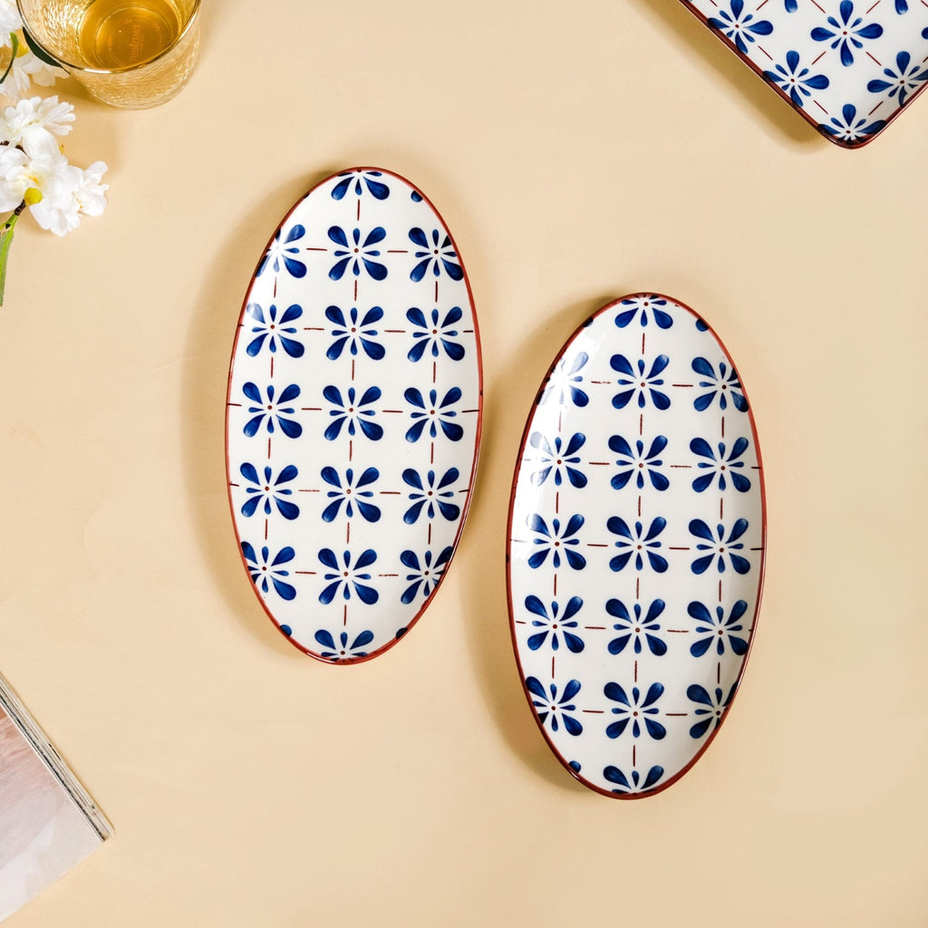 Blue Flower Oval Serving Platters Set Of 2 9 Inch