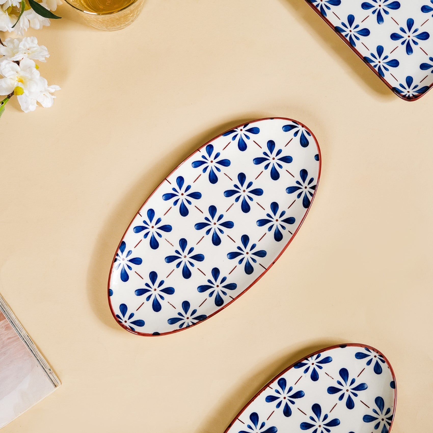 Blue Flower Oval Serving Platters Set Of 2 9 Inch