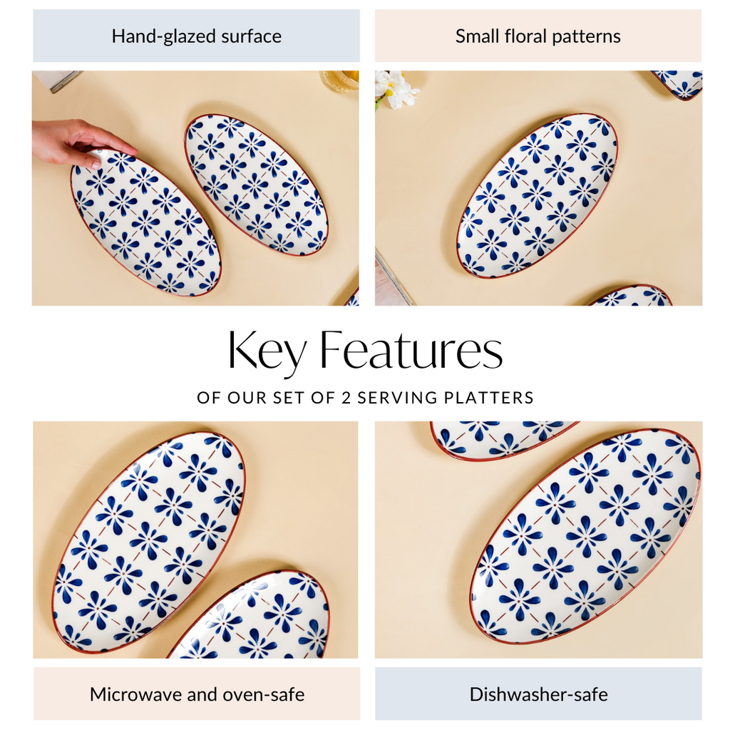 Blue Flower Oval Serving Platters Set Of 2 9 Inch