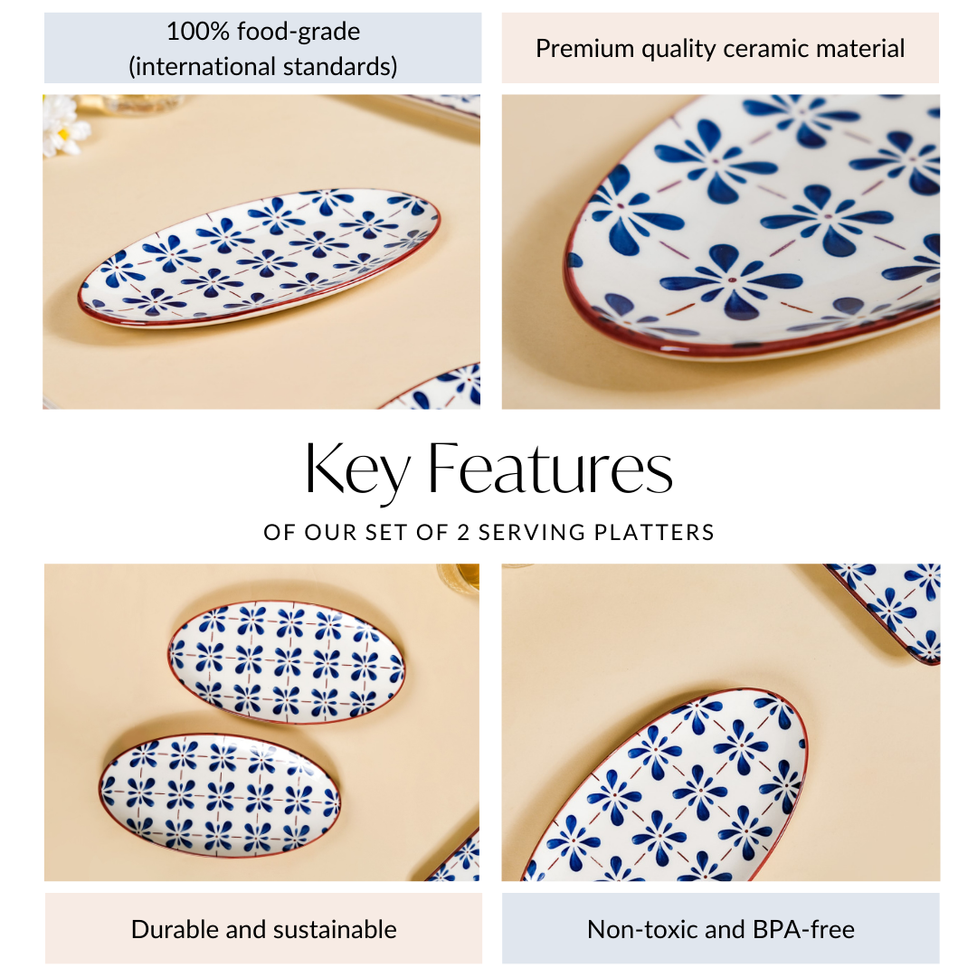 Blue Flower Oval Serving Platters Set Of 2 9 Inch