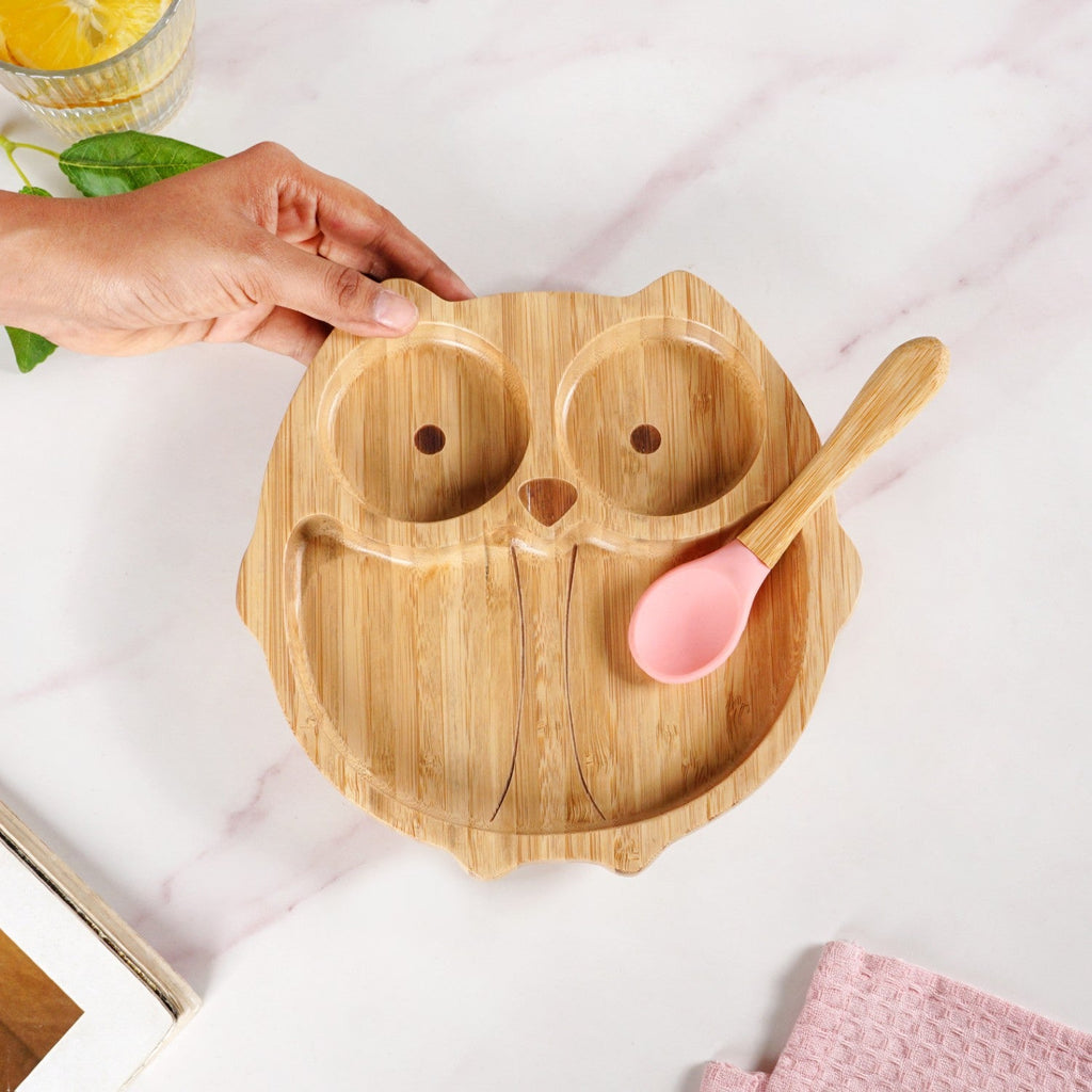 Owl Suction Base All Natural Bamboo Divided Plate Silicon Spoon Set