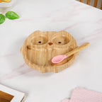Owl Suction Base All Natural Bamboo Divided Plate Silicon Spoon Set