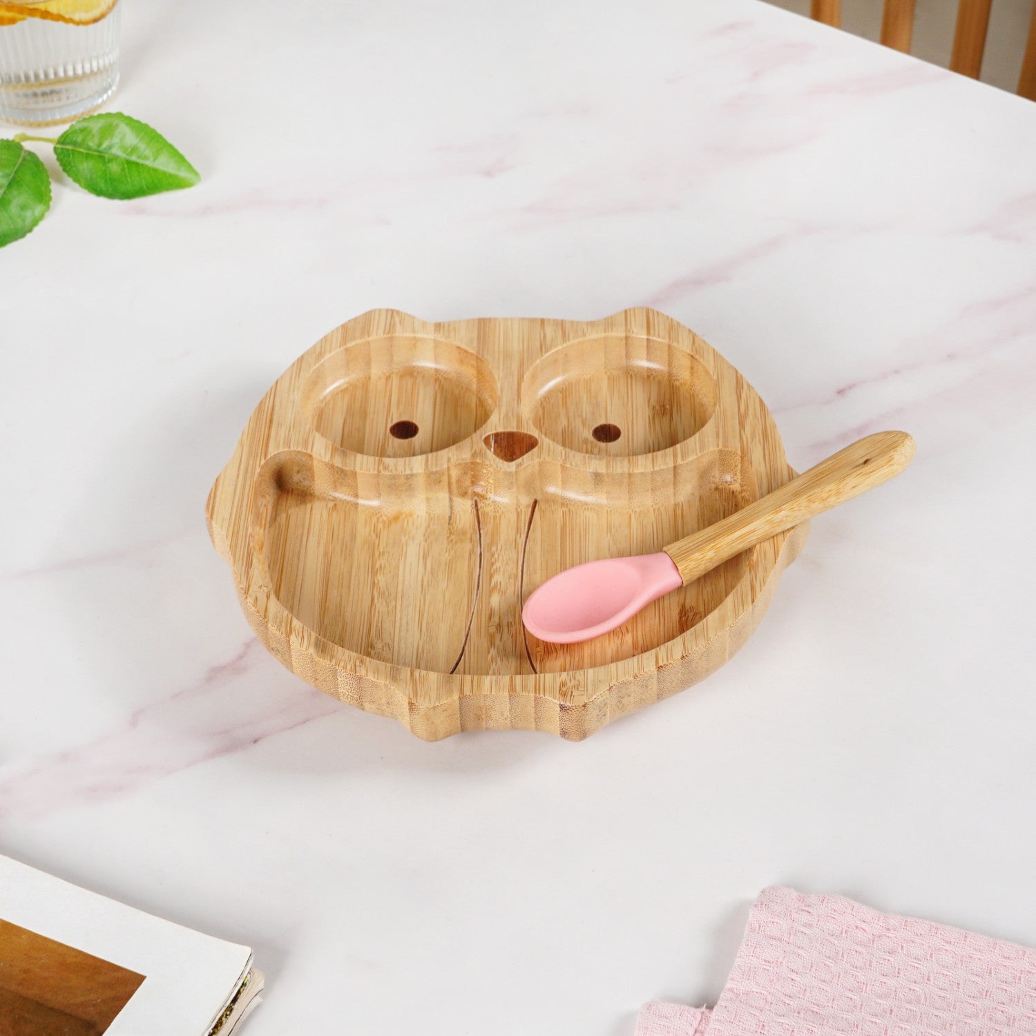 Owl Suction Base All Natural Bamboo Divided Plate Silicon Spoon Set