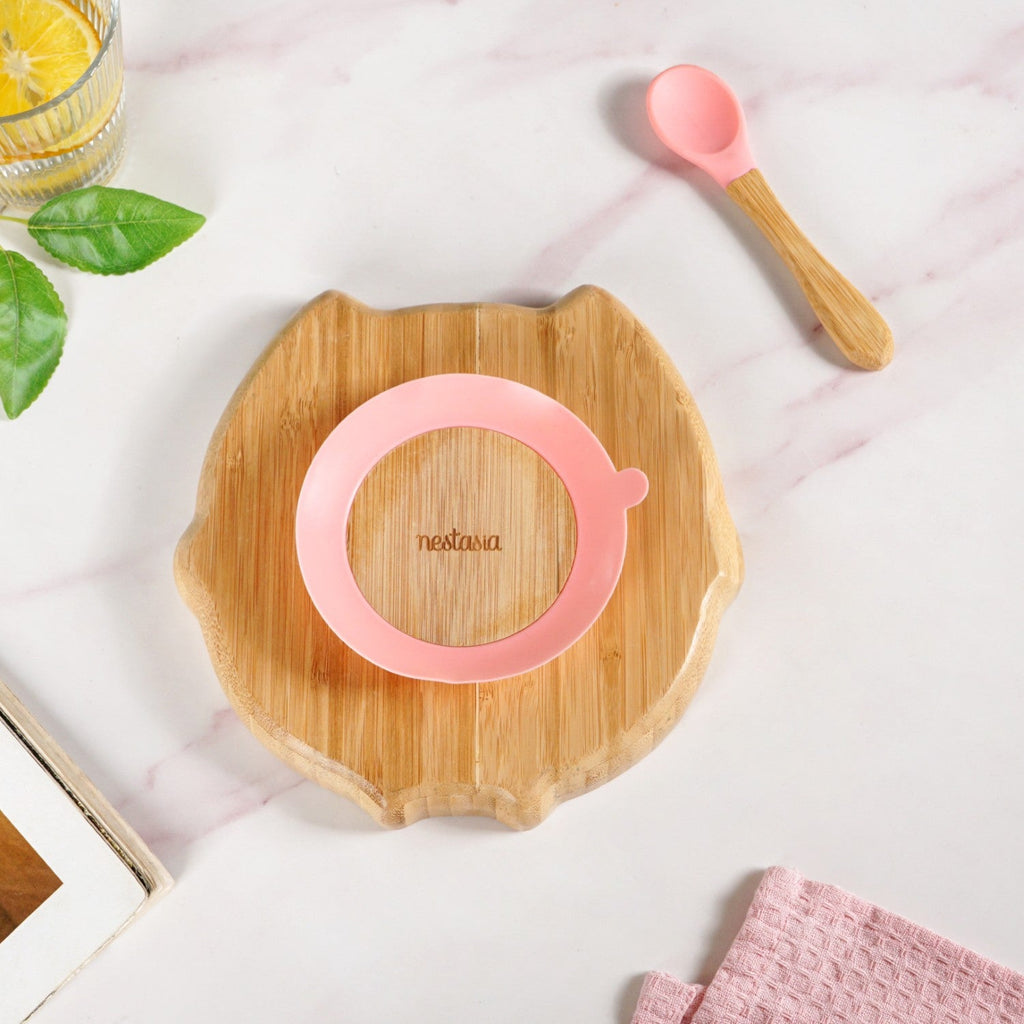 Owl Suction Base All Natural Bamboo Divided Plate Silicon Spoon Set