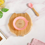 Owl Suction Base All Natural Bamboo Divided Plate Silicon Spoon Set