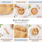 Owl Suction Base All Natural Bamboo Divided Plate Silicon Spoon Set