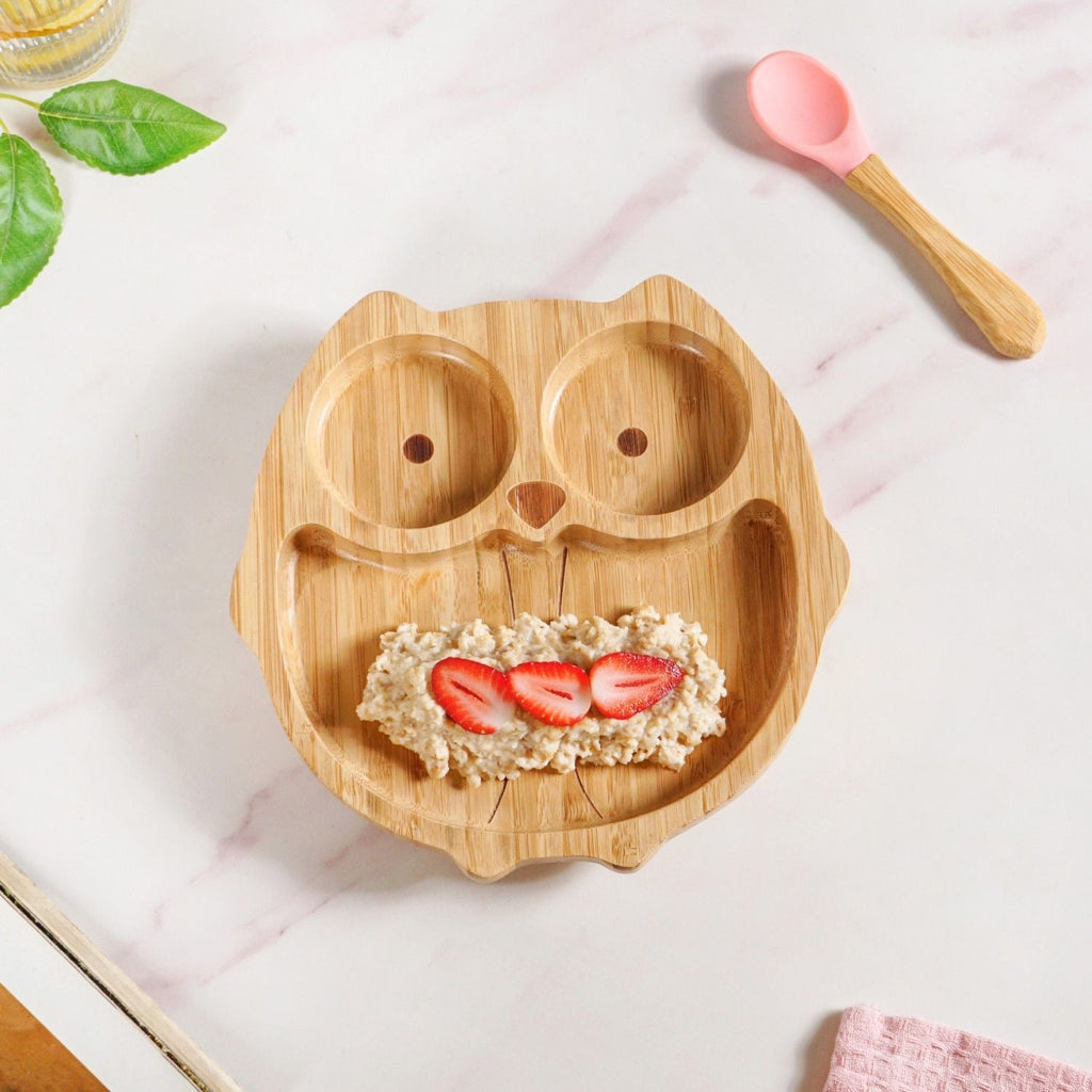Owl Suction Base All Natural Bamboo Divided Plate Silicon Spoon Set