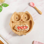 Owl Suction Base All Natural Bamboo Divided Plate Silicon Spoon Set