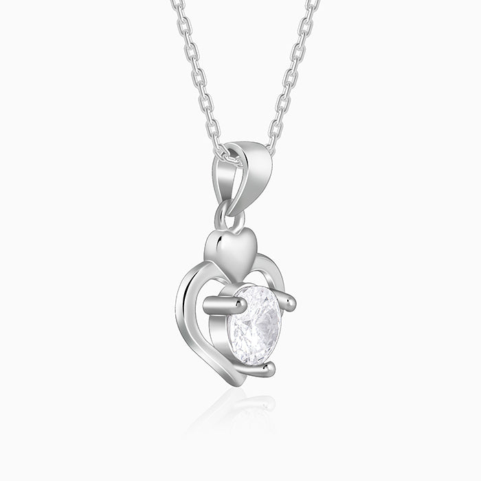 Silver Zircon Dual Heart Pendant with Link Chain