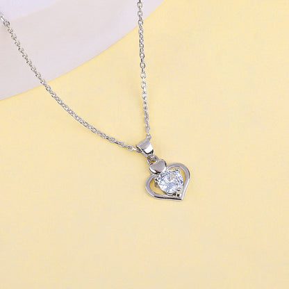 Silver Zircon Dual Heart Pendant with Link Chain