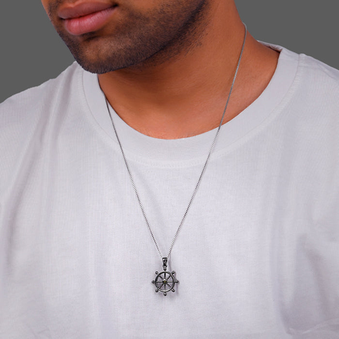 Black Rhodium Time Wheel Pendant With Box Chain For Him