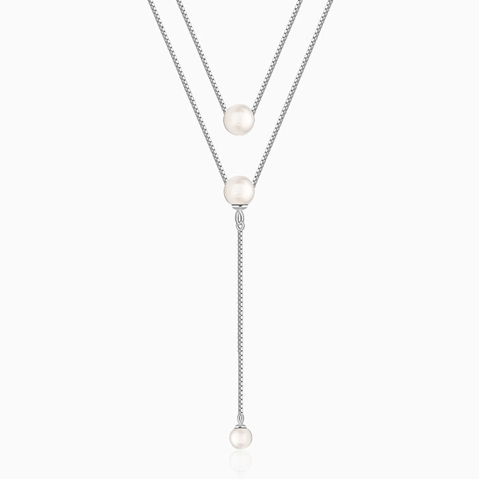 Silver Dual Layer Lariat Pearl Necklace