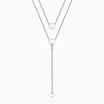 Silver Dual Layer Lariat Pearl Necklace